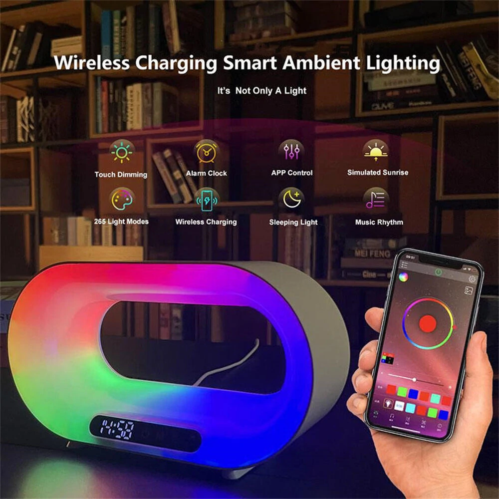 (image for) Multi-function 3 In 1 LED Night Light APP Control RGB Atmosphere Desk Lamp Smart Multifunctional Wireless Charger Alarm Clock